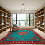 Vibrant Teal Persian Medallion Area Rug