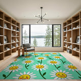 Cheerful Smiling Daisies Green Area Rug