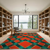 Vibrant Red Teal Geometric Diamond Area Rug