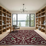 Ornate Burgundy Floral Scroll Area Rug