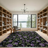 Purple Rose Floral Area Rug on Black