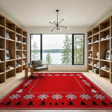 Festive Red Snowflake Pine Tree Border Rug