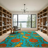 Playful Yellow Cats Orange Daisies Teal Area Rug