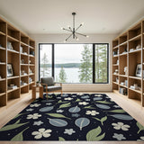 Navy Blue Leaf Blossom Pattern Rug