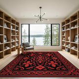 Ornate Red Floral Black Area Rug
