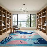 Kids Cartoon Blue and Teal Playful Whale Ocean Kids Area Rug