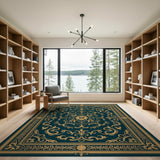 Ornate Teal Gold Floral Medallion Rug