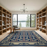 Ornate Navy Blue Scroll Border Area Rug