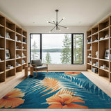 Teal Monstera Palm Orange Hibiscus Area Rug