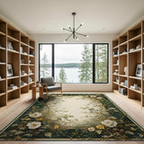 Ornate Green Peony Vine Border Rug