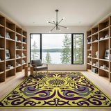 Ornate Yellow Persian Rug with Purple Swirls