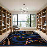 Navy Blue Gold Swirl Abstract Area Rug
