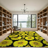 Vibrant Yellow Floral Pattern Area Rug on Black
