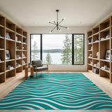 ODIKA Teal Wavy Ocean Washable Area Rug - Low Pile Non-Slip Coastal Decor