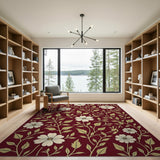 Red Floral Vintage Area Rug with White Blooms Gold Leaves