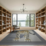 Golden Leopard on Grey Striped Area Rug