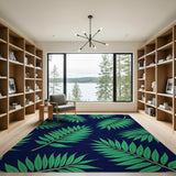 Teal Palm Leaves Navy Area Rug