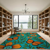 Orange Monarch Butterfly Flower Teal Area Rug