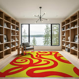 Bold Red Swirls on Sunny Yellow Abstract Rug