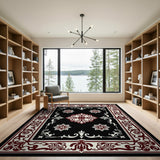 Ornate Black Persian Area Rug with Red Borders