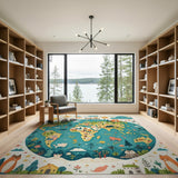Whimsical Cartoon World Map Globe Rug with Cute Animals
