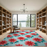 Vibrant Pink Flowers on Teal Area Rug