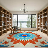 Vibrant Blue-Red Mandala Leaf Area Rug