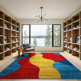 Vibrant Abstract Wave Area Rug in Red Yellow Blue