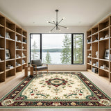 Beige and Neutral Beige Floral Medallion Persian Area Rug
