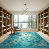 ODIKA Washable Teal Ocean Coral Reef Area Rug - Low Pile & Non-Slip Nursery Carpet