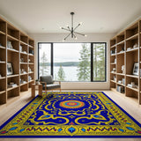 Navy Blue Persian Area Rug with Gold Borders Sunburst Medallion
