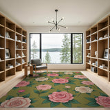 Sage Green Blush Pink Roses Floral Area Rug