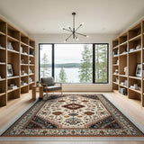 Ivory Persian Medallion Area Rug with Navy Rust