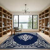 Navy Blue Ornate Persian Area Rug with White Medallion