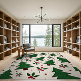 Festive Green Christmas Trees Holly Berries Area Rug