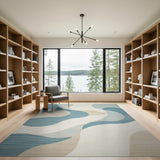ODIKA Washable Abstract Wave Area Rug - Modern Teal & Beige Low Pile Non-Slip Rug