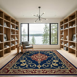Multi-color and Patterns Navy Blue Persian Medallion Area Rug with Gold Florals