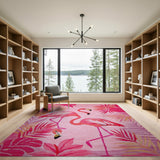 Coastal Beach Vibrant Pink Flamingo Palm Leaf Area Rug