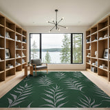 White Fern Silhouette Deep Green Area Rug