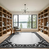 Traditional Persian Ornate Black White Floral Border Area Rug