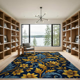 Navy Blue Gold Lily Floral Vintage Area Rug