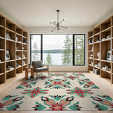 Ornate Red Teal Floral Pattern Area Rug