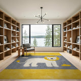 Cute Cartoon Lion Kids Area Rug in Yellow Gray