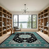 Teal Floral Persian Area Rug on Black