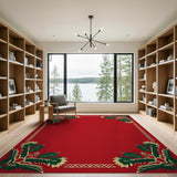 Vibrant Red Heritage Tribal Rug with Green Leaf Borders