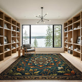 Teal Mandala Persian Area Rug with Gold Frame