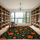 Vibrant Orange Floral on Black Area Rug