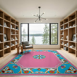 Ornate Pink Persian Area Rug with Teal Border