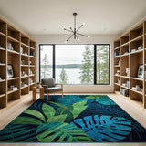 Blue and Teal Teal Monstera Leaf Area Rug