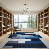 Modern Geometric Blue Grey Block Area Rug